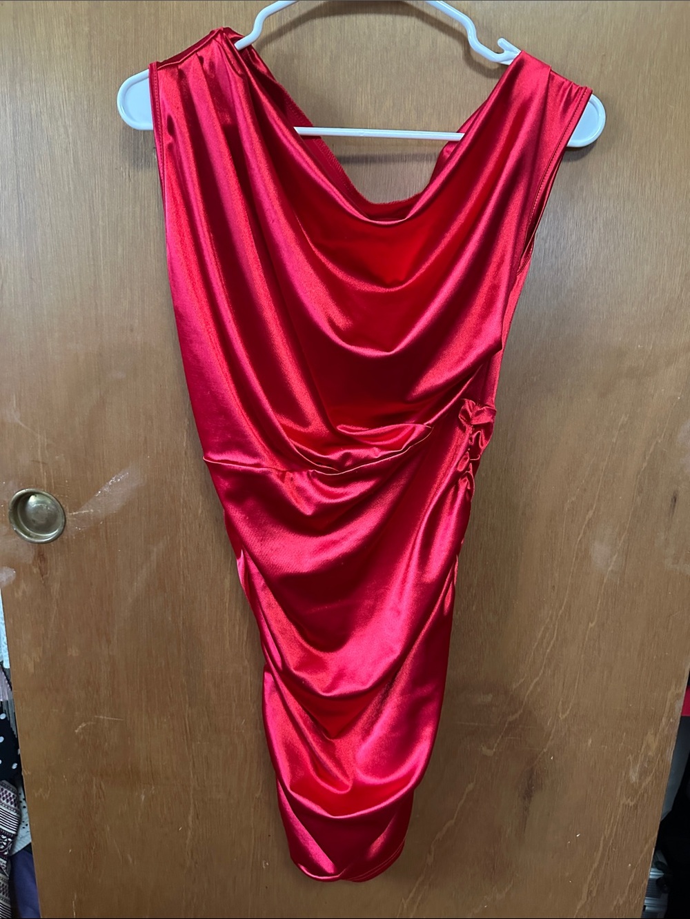 One-Shoulder Red Satin Draped Dress